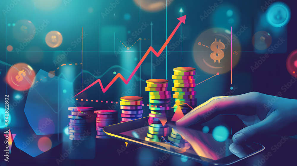 Poster digital illustration depicting a growth graph with a stack of coins and a hand holding a tablet disp