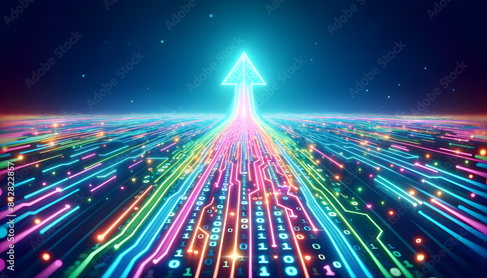 Poster a digital pathway composed of glowing blue binary code stretching into the distance, forming an arro