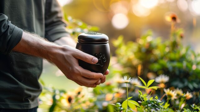 Keeping his beloved pet's ashes in an urn. An Stock illustration.