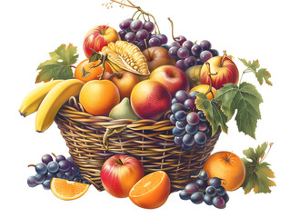 A basket overflowing with fresh fruit, including apples, oranges, bananas, and grapes.  A vibrant and colorful still life.