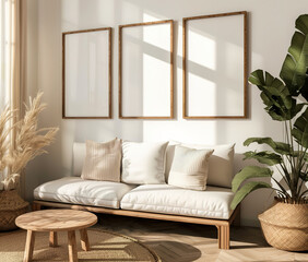 Three empty mockup frames on a wall above a modern sofa with cushions in a bright interior. 2x3 Ratio frame.
