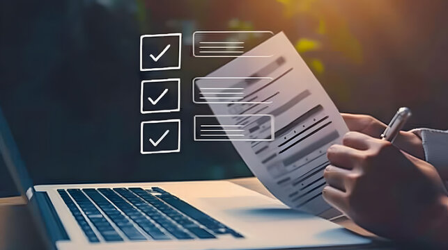 Digital online checklist with a document icon and hand using a laptop computer for an application form 