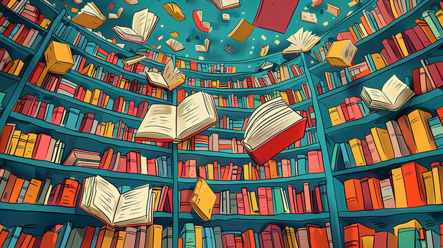 Colorful illustration of a library with flying books, depicting a magical and imaginative literary scene filled with knowledge and adventure
