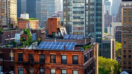 solar panels on a roof of a building in central New York, sunny day 