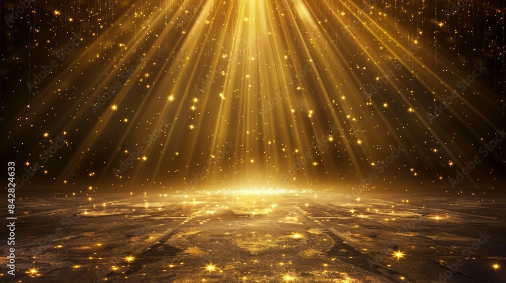 Poster this abstract golden background has a ray effect with bokeh effect. rendering in 3d. .