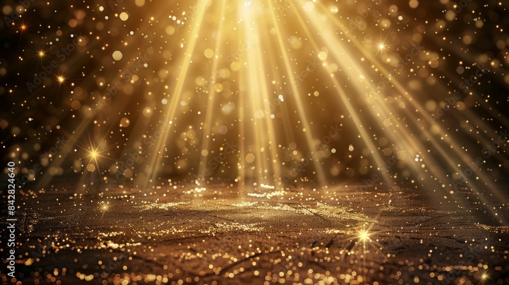 Poster this is an abstract golden background with rays and bokeh effects. it is rendered in 3d using stock 