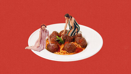 Two beautiful women inside giant plate with spaghetti and meatballs against red background, Dinner. Contemporary art collage. Concept of food, pop art, surrealism. Creative colorful design.