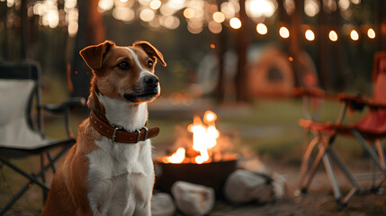 dog wearing a leather collar. sitting next to a firepit with camping chairs behind him in an outdoor setting with evening light. bokeh effect 