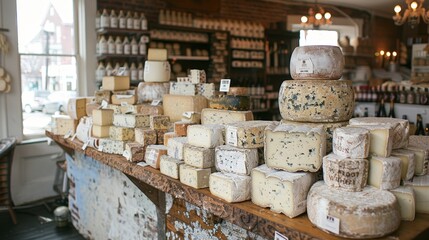 Fototapeta premium Elegant presentation of assorted cheeses, freshly baked breads, and a variety of wines on a table