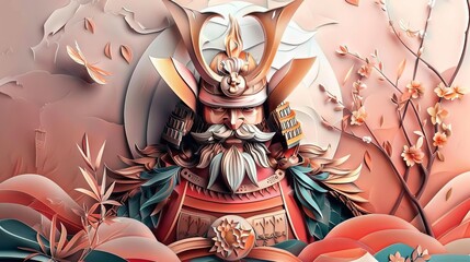 3D origami samurai warrior, ancient armor, futuristic design, red and gold accents, realistic textures