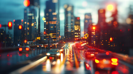 Fototapeta premium Downtown skyline and automotive park. Modern cityscape. Blurred foreground 