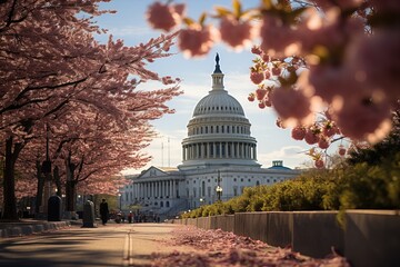 US Capitol majestic dome under the blue sky., generative IA