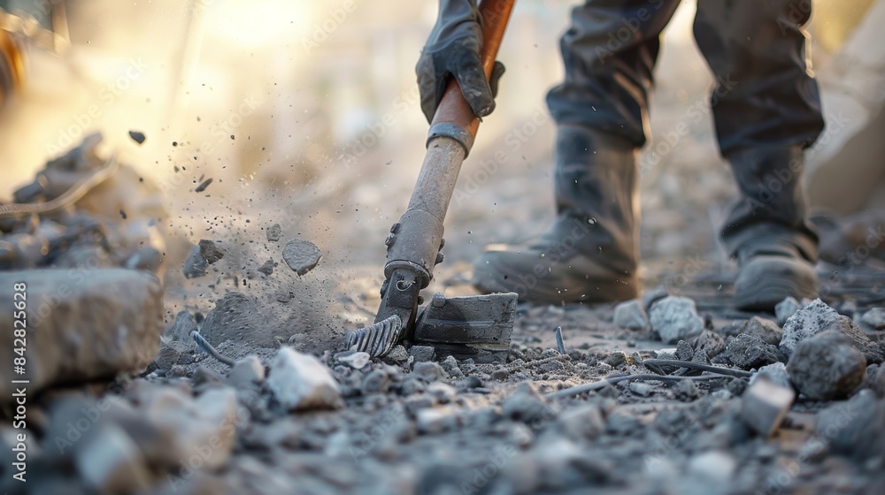 Poster a closeup of a worker using a jackhammer to break up old concrete and clear the site for new constru