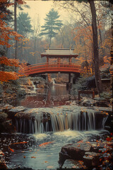 Fototapeta premium Serene landscape design with a Japanese garden, complete with a koi pond and bridge,
