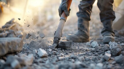 A closeup of a worker using a jackhammer to break up old concrete and clear the site for new construction.