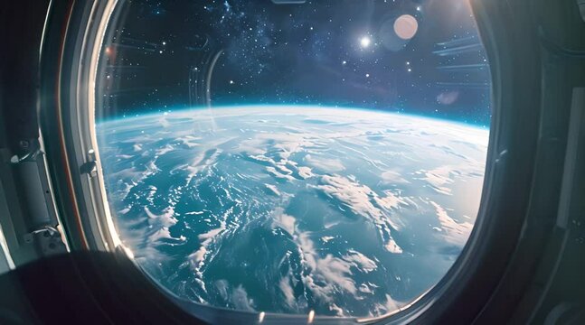 From the window of the spaceship, the Earth appears as a mesmerizing orb suspended in the vastness of space.  As the spaceship glides silently through the void, the view outside the window is nothing 
