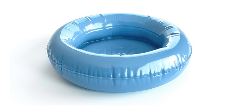 Blue inflatable kiddie pool, empty and waiting for water, sits isolated.