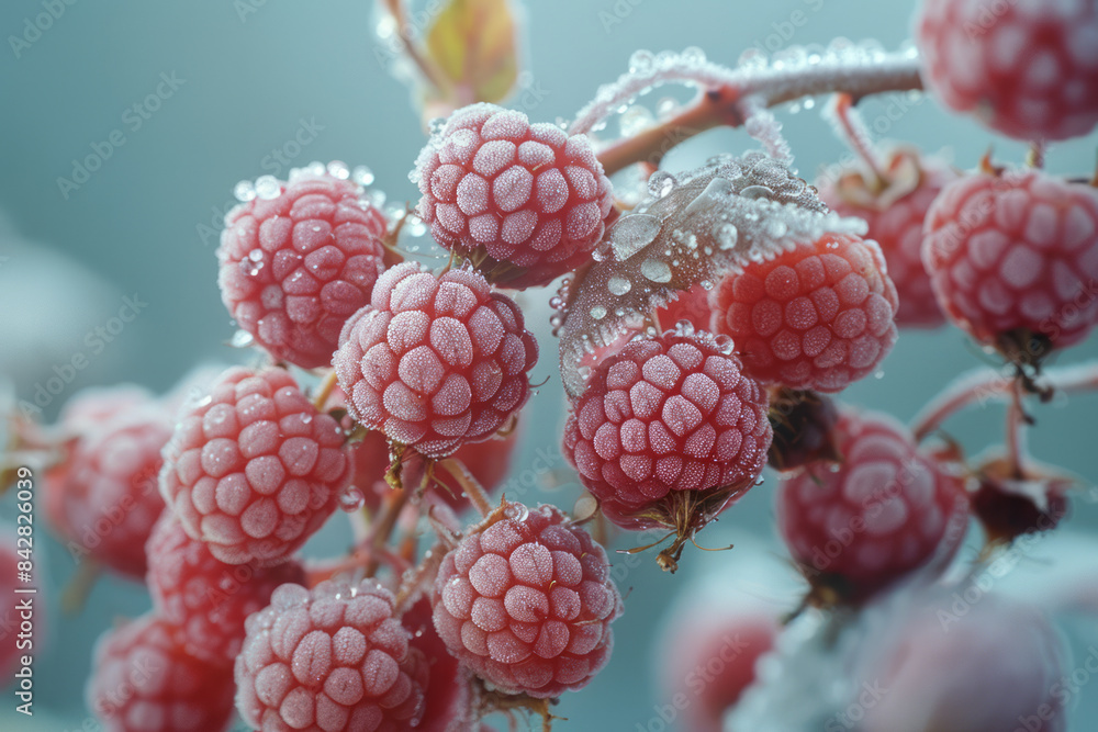 Poster macro minimalist image of frozen berries emitting cold vapor,