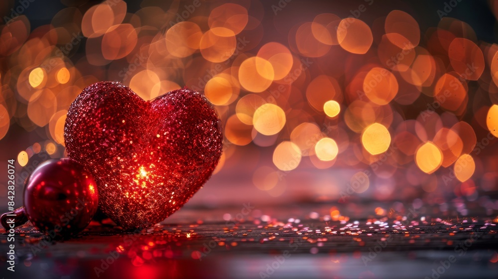 Poster the theme of valentine's day with a red heart and bokeh lights. using stock.