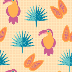 Fototapeta premium Tropical seamless pattern with toucans, papaya and palm tree leaves on a checkered background