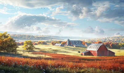 A serene countryside farm with rolling hills and barns. Realistic.