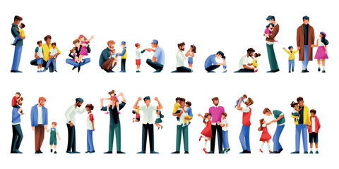 Fototapeta premium Vector Happy Fathers Day Cartoon Dad Son Or Daugther Set Illustration Isolated