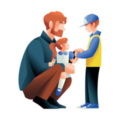 Vector Father And Children Spend Time Together Cartoon Illustration Isolated