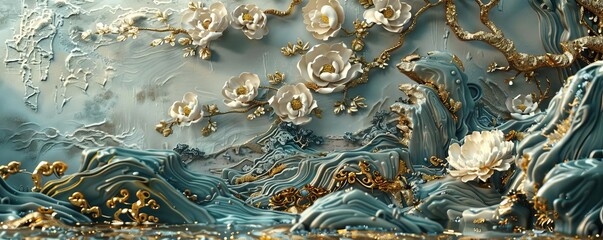 Obraz premium Chineseinspired stucco, gold accents, photorealistic, highdetail, HDR lighting