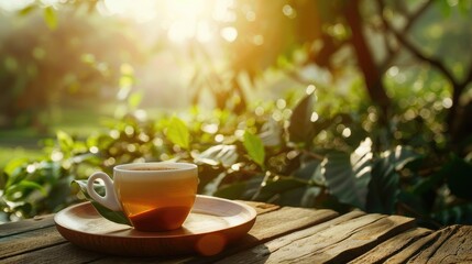 Cup of tea or coffee on wooden plate with blurred coffee tree plantation background and sunlight