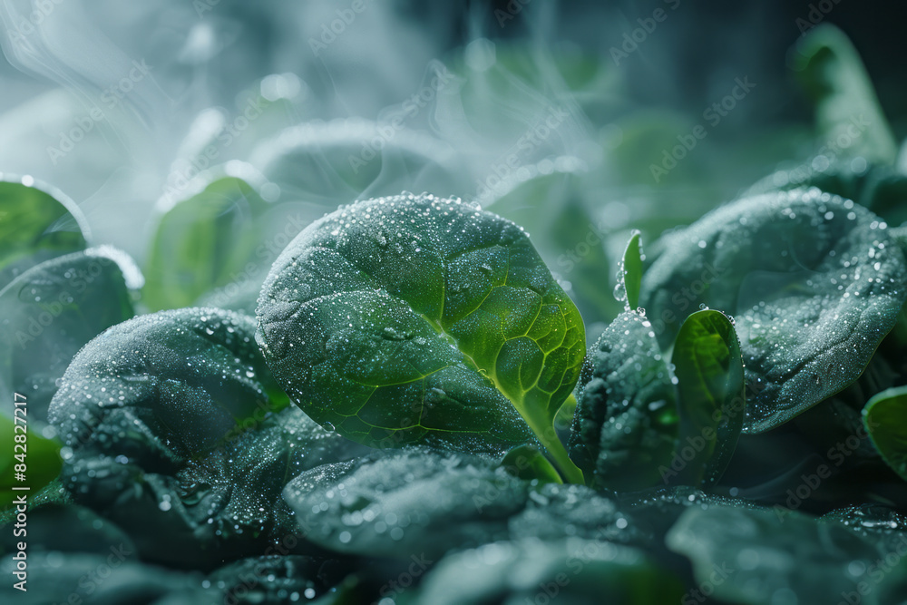 Aufkleber minimalist image of frozen spinach with cold vapor in a macro view,