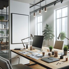 A computer on a desk with poster empty white in work working home style interior set design office home.