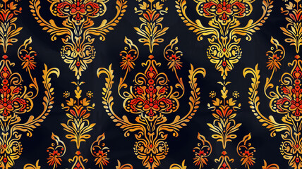 A black and gold floral patterned fabric batik