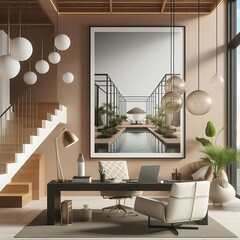 A room style interior set design with a large mirror and a desk.