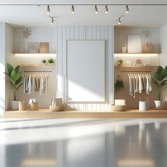 A room style interior set design with a white wall and shelves with clothes and plants engaging.