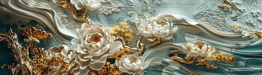 Japanese stucco motifs, gold elements, highdetail, minimalist, soft lighting