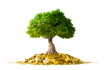 Conceptual image of a tree growing from a pile of gold coins, symbolizing wealth, investment, and financial growth.