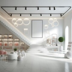 A white room with stairs and display creative.