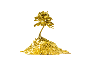 Golden money tree growing from a pile of gold coins, symbolizing wealth, financial growth, and prosperity.