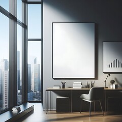 A work office room There is an poster empty white with a desk and A chair and poster mockup and a large picture frame decoration highquality.