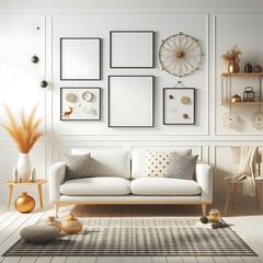 A white couch in A room style interior set design with a rug and pictures on the wall creative engaging.