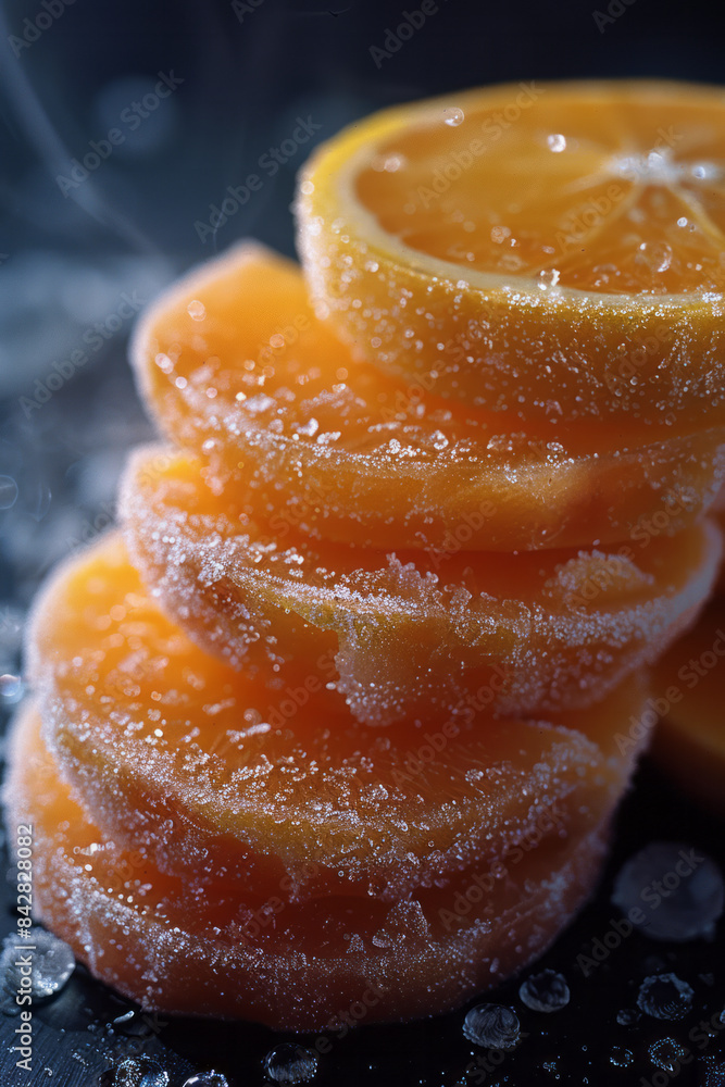 Poster macro close-up of frozen mango slices with visible frosty steam, minimalist style,