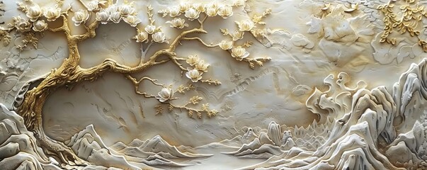 Japanesestyle stucco, golden highlights, modern, highresolution, soft shadows