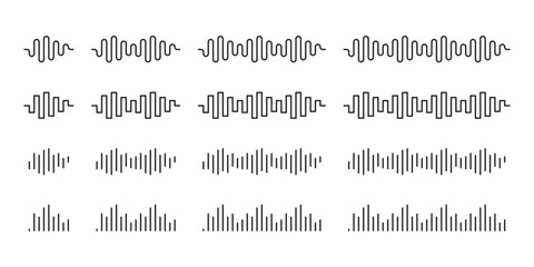 A set of sound wave icons, a sound spectrum of voice or music, a sound waveform, a sound wave line.