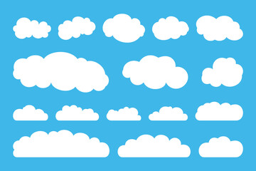 A set of white clouds in a flat design is isolated on a blue background.