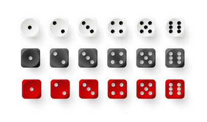 Dice game with red white and black cubes. Realistic gambling objects to play in casino, dice from one to six dots. Vector