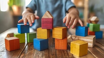 Close up of child s hands playing with colorful building blocks in an engaging activity