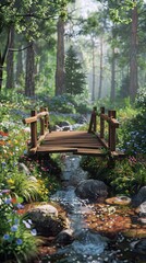 Obraz premium A tranquil forest glade with a wooden bridge, stream, and wildflowers, realistic.