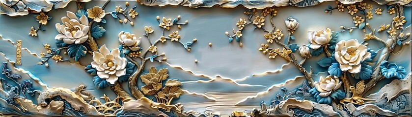 Stucco molding featuring chrysanthemums, Asian style, golden yellow, digital painting, traditional elegance