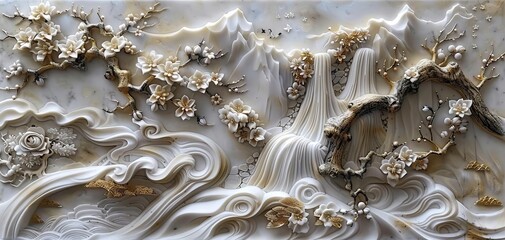 Stucco molding featuring a serene waterfall, harmonious style, cool colors, watercolor, gentle flow