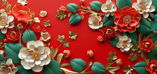 Stucco molding featuring begonias, vibrant style, bright colors, 3D rendering, lush detail